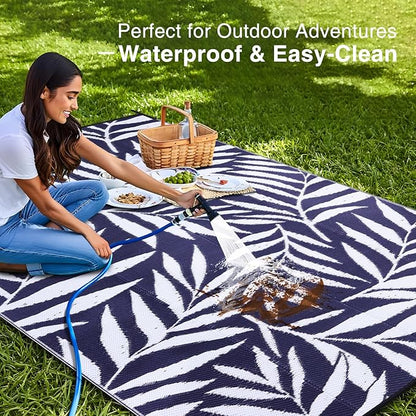 OLANLY Waterproof Outdoor Rug 9x12 ft, Reversible Outdoor Plastic Straw Rug with Leaf Pattern, RV Mat, Indoor Outdoor Carpet for Patio, Camping, Balcony, Deck, Backyard, Navy & White