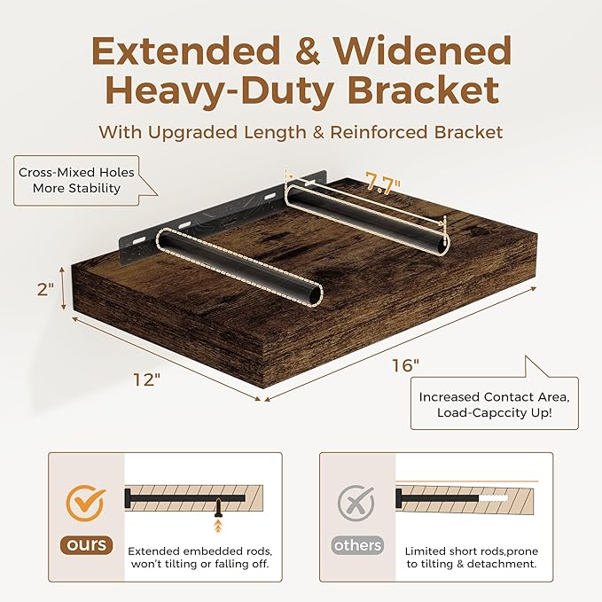 12 Inch Deep Floating Shelves, 16 x 12 Floating Shelf for Books, Rustic Wood Deep Wall Shelves for Home Storage & Display, 2" Thicked Shelves for Kitchen, Living Room, Bedroom, Rustic Brown, 2 Pack