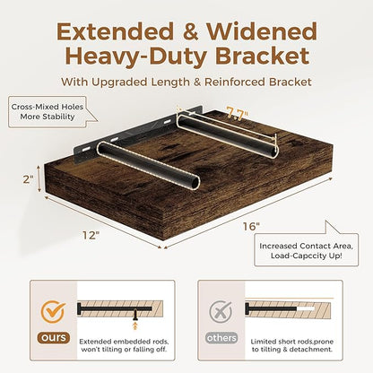 12 Inch Deep Floating Shelves, 16 x 12 Floating Shelf for Books, Rustic Wood Deep Wall Shelves for Home Storage & Display, 2" Thicked Shelves for Kitchen, Living Room, Bedroom, Rustic Brown, 2 Pack