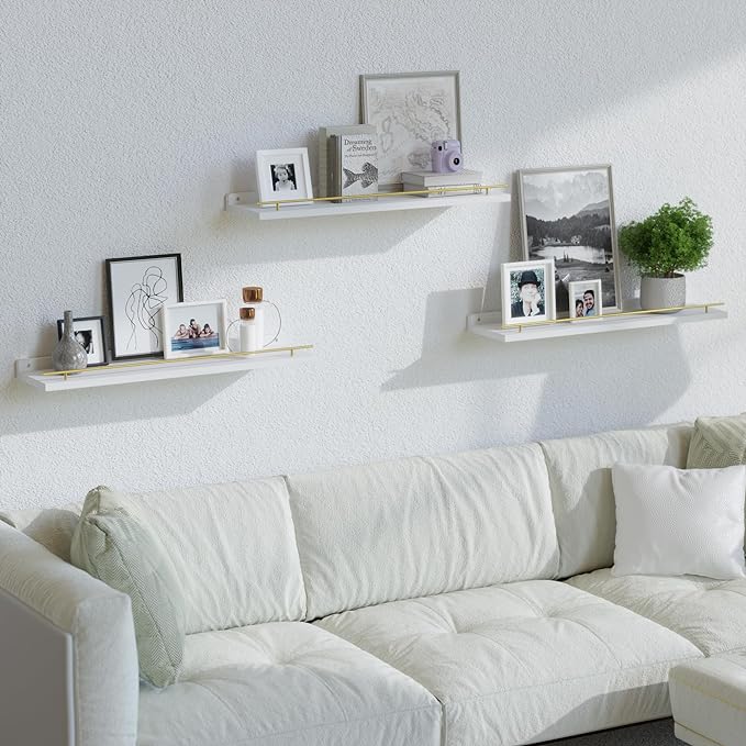 WOPITUES Floating Shelves 24 inch with Gold Metal Guardrail, Shelves for Wall Decor Set of 3, Wall Shelves for Bedroom, Bathroom, Kitchen, Living Room, Plants, Picture Frames, Art- White and Gold