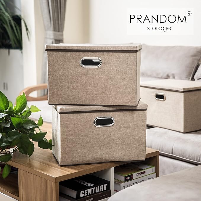 PRANDOM Extra Large Collapsible Storage Bins with Lids [3-Pack] Linen Fabric Foldable Storage Baskets Boxes Organizer Containers Cube with Cover for Bedroom Closet Office Nursery (22.8x15.75x13.8)