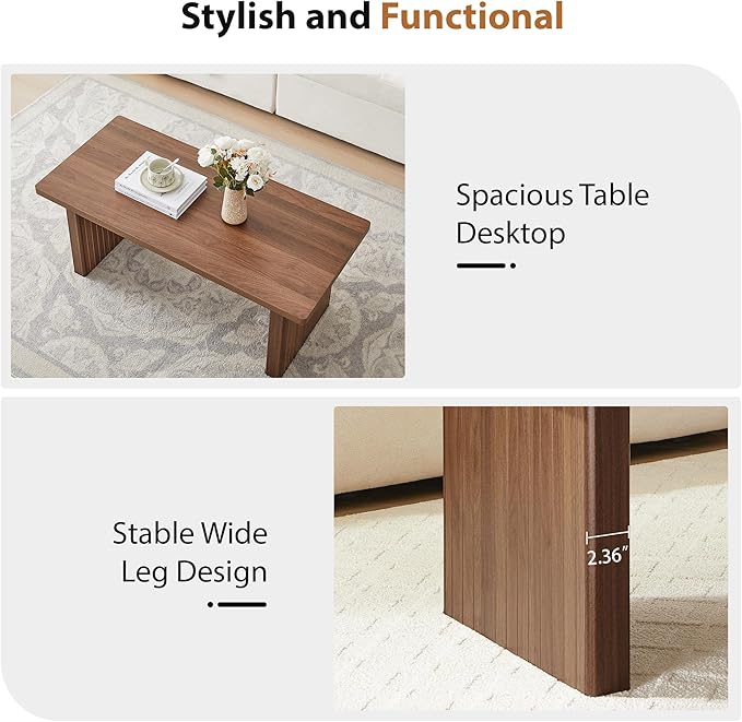 Rectangular Fluted Coffee Table, Farmhouse Wood Coffee Table Mid Century Modern Center Table Boho Living Room Tables for Living Room Office (Walnut, 19.69" D x 43.3" W x 17.72" H)