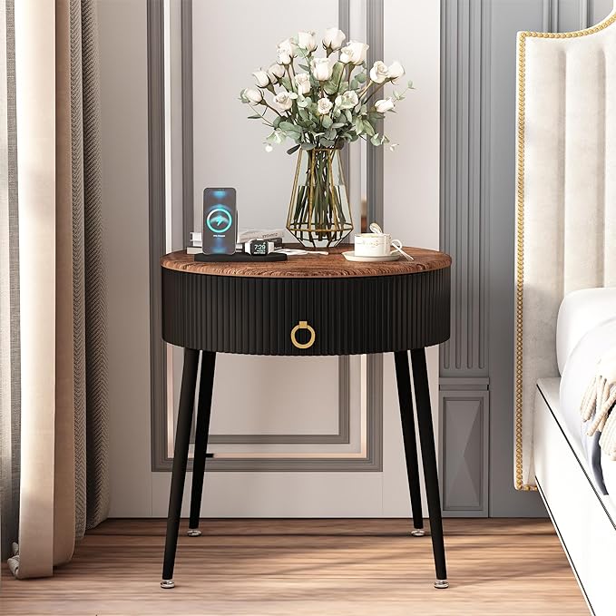 OIOG Side Tables Set of 2, Round Nightstand with Drawer, Modern Bedside End Tables for Small Space, Living Room, Bedroom, Office, Dorm, Rustic Brown and Black