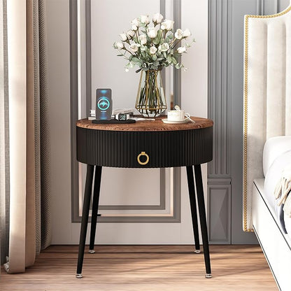 OIOG Side Tables Set of 2, Round Nightstand with Drawer, Modern Bedside End Tables for Small Space, Living Room, Bedroom, Office, Dorm, Rustic Brown and Black