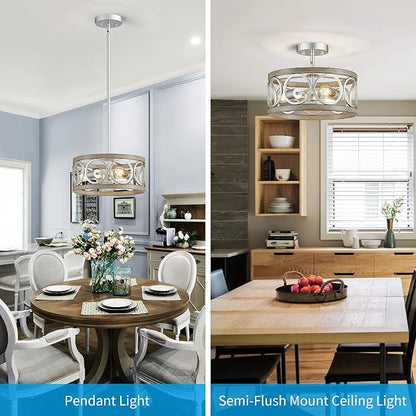 XINGQI Modern Ceiling Light Adjustable Height Pendant Lighting Fixture Brushed Nickel Wood Grain Metal 13" Rustic Round Lights for Dining Room Kitchen Bedroom Foyer Hallway