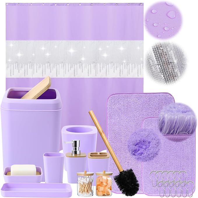 24PCS Bathroom Sets with Shower Curtain and Rugs,Bathroom Sets with Extra Soft and Absorbent Bath Rugs Purple Shower Curtain Set