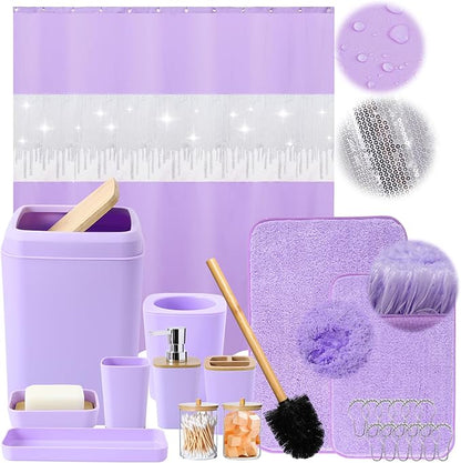 24PCS Bathroom Sets with Shower Curtain and Rugs,Bathroom Sets with Extra Soft and Absorbent Bath Rugs Purple Shower Curtain Set