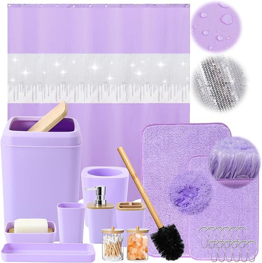 24PCS Bathroom Sets with Shower Curtain and Rugs,Bathroom Sets with Extra Soft and Absorbent Bath Rugs Purple Shower Curtain Set