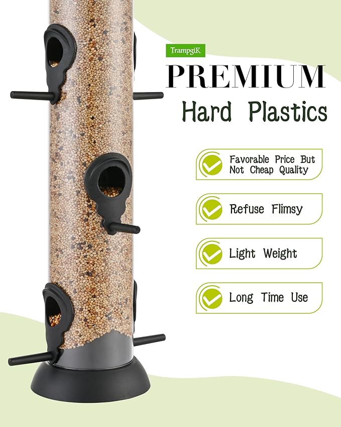 Bird Feeder Premium Hard Plastic for Wild Bird Feeders for Outdoors, Tube Bird Feeders for Outdoors Hanging,14 Inch 6 Port Black, Pack of 1