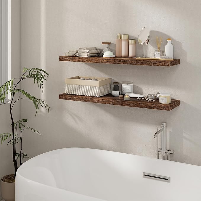 40 Inch Floating Shelves Set of 2, 8 Inch Deep Wall Shelf, Rustic Wood Storage Shelves for Bedroom, Kitchen, Bathroom, Wall-Mounted Shelf with Invisible Brackets for Books|Storage, Rustic Brown