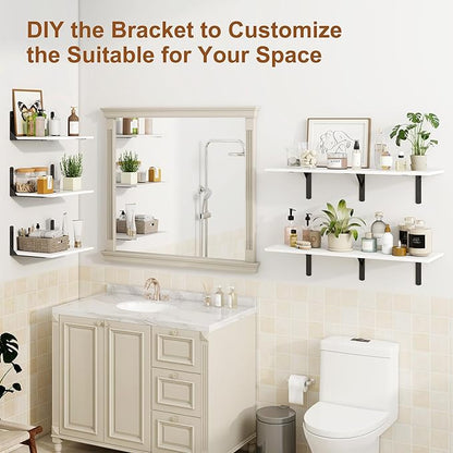 16" W x 12" D White Floating Shelves for Wall, 12 Inch Deep Floating Shelf with Visible Bracket, Rustic Wood Bookshelf Wall Mounted, Deep Bathroom Shelves for Storage, Set of 2