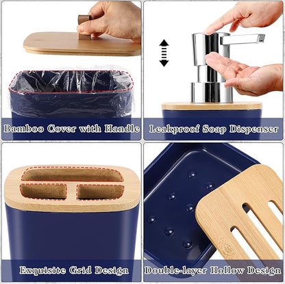 Bathroom Sets with Shower Curtain and Rugs, 27PCS Navy Blue Bathroom Accessories Set with Trash Can, Green Shower Curtain Set, No Slip Super Absorbent Bathroom Rugs