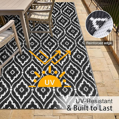 OLANLY Outdoor Rug 5x8 ft Waterproof, Outdoor Plastic Straw Rug with Geometric Pattern Clearance, Reversible RV Mat for Patio, Camping, Balcony, Deck, Backyard, Black & White