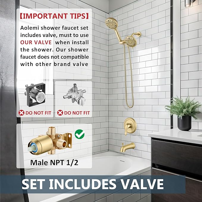 Aolemi Tub Shower Faucet Set with Tub Spout Rain Shower Head System Shower Trim Kit Pressure Rough-in Valve Included ABS 8 Setting Dual Shower Head and Handheld Spray Brushed Gold