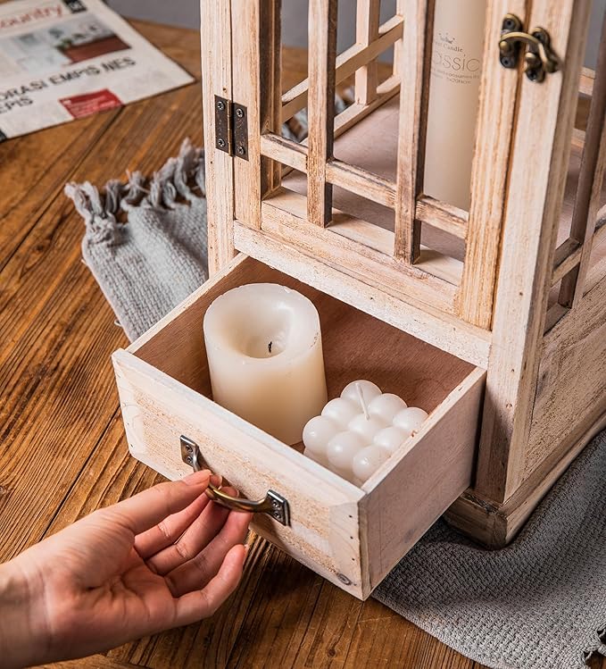 TIMRIS Large Rustic Wooden Metal Decorative Lantern Set of 2, Modern Farmhouse Floor Candle Lanterns with Drawer, Indoor/Outdoor Hanging Lanterns for Home Decor (No Glass)