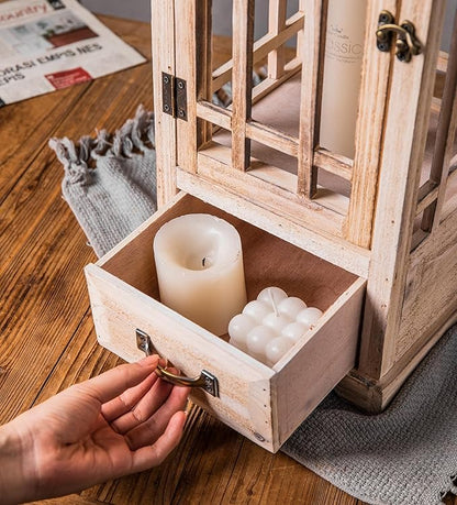 TIMRIS Large Rustic Wooden Metal Decorative Lantern Set of 2, Modern Farmhouse Floor Candle Lanterns with Drawer, Indoor/Outdoor Hanging Lanterns for Home Decor (No Glass)