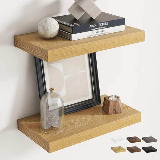 16 Inch Floating Shelves for Wall Set of 2, 8"D Wood Grain Bathroom Shelves with Invisible Brackets, Easy Install Engineered Wood Storage Shelves for Kitchen, Living Room, Bedroom, Oak Finish