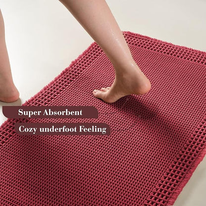RESARE Waffle Bathroom Runner Rugs, Super Absorbent Bath Mat Non Slip Washable Quick Dry, Upgraded Ultra Soft Boho Bath Rugs with Tassels for Hallway Bedroom Laundry Room, 2'x6'(24"x72"), Red
