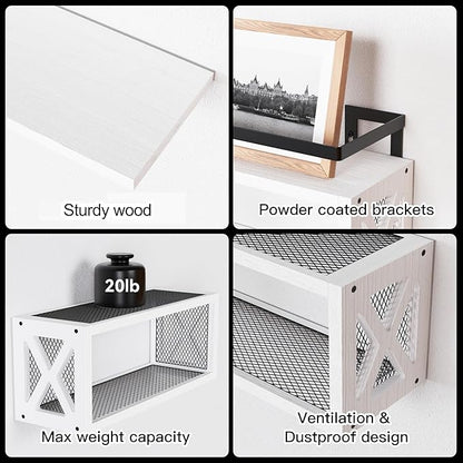 RICHER HOUSE Floating Shelves with Guardrail, Rustic Wood Shelves for Wall Décor, Farmhouse Bathroom Accessories Wall Mounted, Bathroom Organizer Over Toilet Storage, Kitchen, Living Room - White