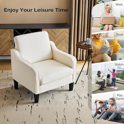 VINGLI Mid Century Modern Accent Chair, Beige Fabric Accent Chairs for Living Room Upholstered Armchair Sofa with Scooped Arms for Bedroom, Apartment, Studio, Office, Waiting Room