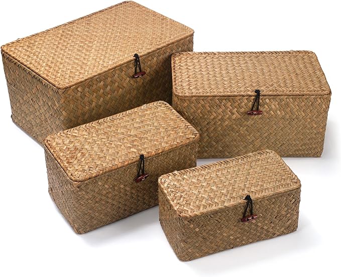 Wicker Basket with Lid, Seagrass Storage Basket, Woven Baskets for Storage, Decorative Storage Baskets for Shelf Organizing, Natural