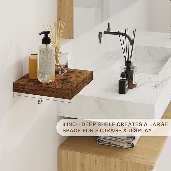 Fun Memories Floating Shelves, 8 Inch Deep Floating Shelves for Wall, 8 x 8 Wall Shelves, Rustic Wood Floating Shelf for Living Room, Bedroom, Bathroom, Rustic Brown Color, Set of 2