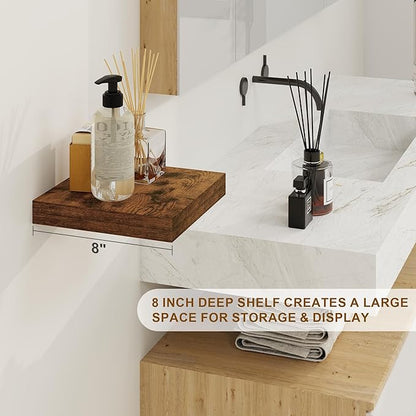 Fun Memories Floating Shelves, 8 Inch Deep Floating Shelves for Wall, 8 x 8 Wall Shelves, Rustic Wood Floating Shelf for Living Room, Bedroom, Bathroom, Rustic Brown Color, Set of 2