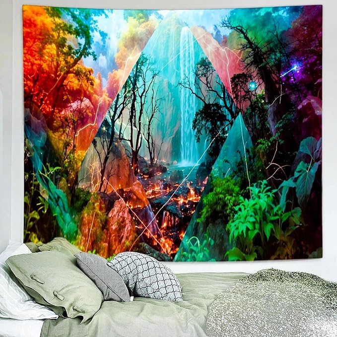 Delur Forest Tapestry Waterfall Mountain Rainforest Sunset Nature Tree Tapestry Wall Hanging Scenic Tropical Landscape Natural Sunrise Headboard for Bedroom Living Room Home Decor (70.8" x 92.5")