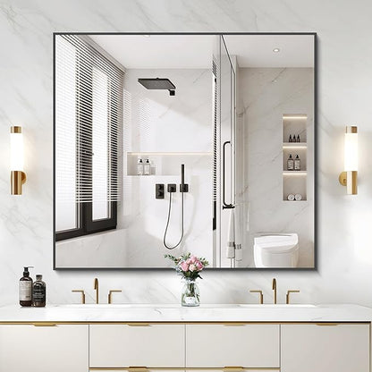 Black Bathroom Mirror for Wall, 36x40 Inch Rectangle Mirrors with Metal Frame, Modern Rectangular Wall Mirror for Bathroom Living Room, Entryway Hangs Horizontal or Vertical
