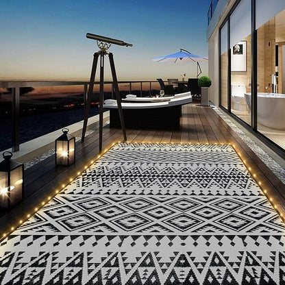 Outdoor Rug Mat with Led Strip Lights for Patio, 8x10ft Waterproof Reversible Plastic Straw Rugs, Camping Carpet Area Mats for RV, Porch, Deck, Backyard, Balcony, Camper, Black & White