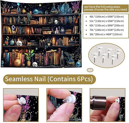 HVEST Magic Bookshelf Tapestry Vintage Bookshelf Witchy Books Plant Skull Gothic Halloween Tapestry Wall Hanging Starry Sky Wall Decor for Bedroom Living Room Dorm, 40L x 60W Inches