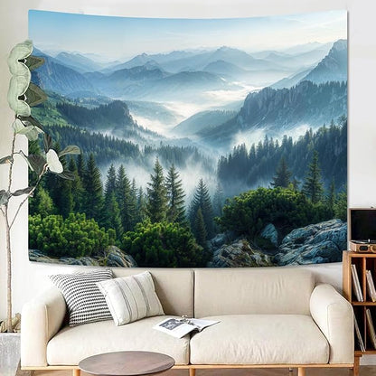 AMM Nature Forest Mountain Tapestry Green Misty Pine Tree Tapestry for Bedroom Aesthetic Foggy Woodlands Sky Landscape Tapestries Wall Hanging for Living Room Dorm 48 x 36 Inch