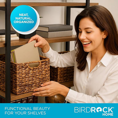 BIRDROCK HOME Woven Storage Shelf Organizer Baskets with Handles - Set of 3 - Abaca Wicker Basket - Pantry Living Room Office Bathroom Shelves Organization - Under Shelf Basket - Handwoven (Espresso)