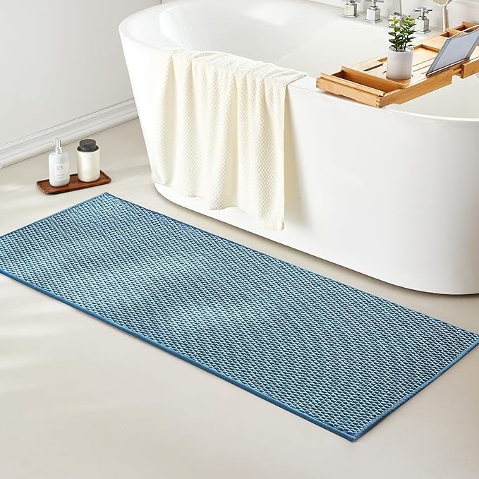 Bathroom Runner Rug, Long Bath Mat Washable Thin Quick Dry Low Pile Bathroom Runner Rugs Non Slip, Denim Blue 24"x70"
