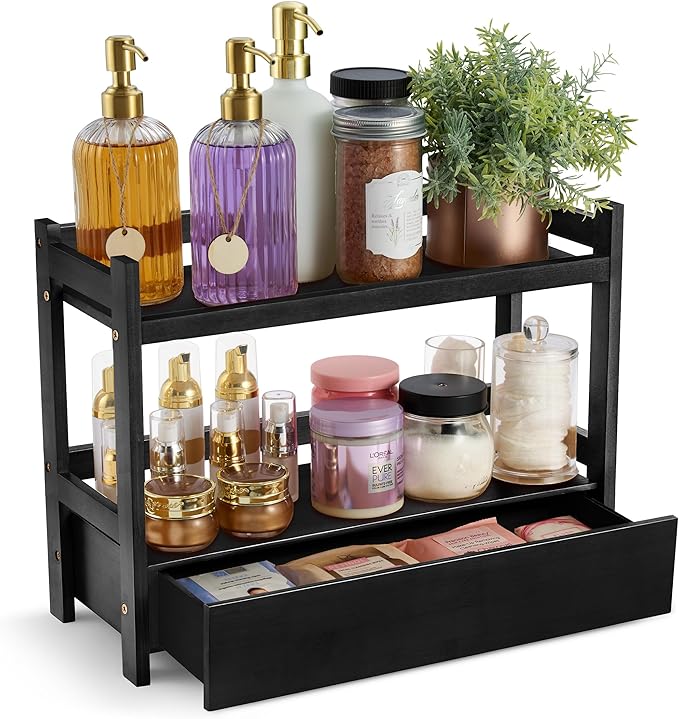 Sorbus Bamboo Bathroom Counter Organizer – 2-Tier Shelf with Hidden Drawer for Vanity, Matcha Station, Bathroom Sink Organizer Countertop, Kitchen & Office Storage (17″ L x 6.5″ W x 12.6″ H) (Black)
