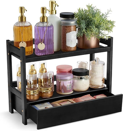 Sorbus Bamboo Bathroom Counter Organizer – 2-Tier Shelf with Hidden Drawer for Vanity, Matcha Station, Bathroom Sink Organizer Countertop, Kitchen & Office Storage (17″ L x 6.5″ W x 12.6″ H) (Black)