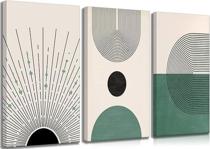3 Pcs Sage Green Boho Canvas Wall Art Modern Abstract Minimalist Neutral Bohemian Sun Geometric Line Painting Picture Wall Decor Poster Print Artwork for Living Room Bedroom Home Decoration