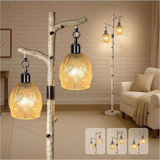Scenekoy Retro 68.5” Tall Floor Lamp With Carving Shade, Farmhouse Resin Standing Lamp & Faux Birch Tree Finish, Dimmable Corner Lamp Stand Up Light with Bulb Prefer for Living Room Bedroom Home Decor