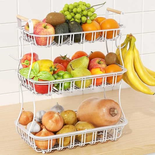 3 Tier Fruit Basket with 2 Banana Hooks, Large Capacity Multifunctional Detachable Sturdy Fruit Bowl with Wooden Handle Mesh Top for Kitchen Counter, for Bread Snacks Vegetables Produce, White