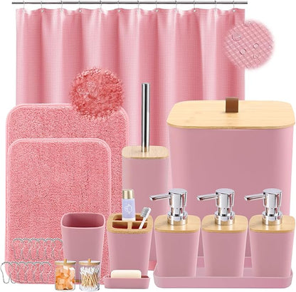 Bathroom Sets with Shower Curtain and Rugs, 27PCS Pink Bathroom Accessories Set with Trash Can, Pink Shower Curtain Set, No Slip Super Absorbent Bathroom Rugs