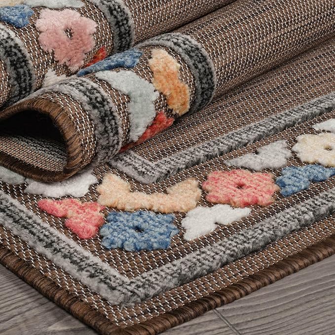 Beverly Rug Outdoor Runner Rug 2x7 Modern Floral Bordered Area Rugs for Indoor and Outdoor Patio Easy to Clean Non Shedding Living Room Porch Garden Washable Outside Carpet (2 x 7 Brown)