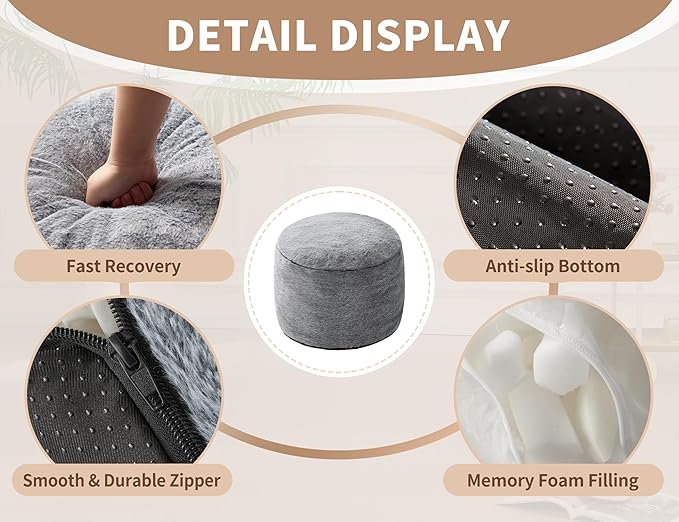 Boho Ottoman Living Room Furniture 20"x15" Large Round Ottomans Pouf Couch Foot Rest Grey Pouf Ottoman Foot Rest with Foam Chunk Filling Pouffe Ottomans Stuffed Foot Rest Poufs for Couch