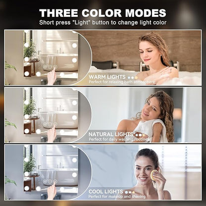 Hasipu LED Bathroom Mirror with Lights, 40" x 24" Hollywood Wall-Mounted Bathroom Mirror with 16 Dimmable Bulbs, 3 Colors Modes, Touch Control, Anti-Fog, Memory Function, Shatter-Proof, ETL Listed