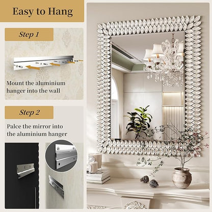 Kelly Miller 30"x40" Jeweled Bathroom Wall Mirror, Large Rectangle Mirror Decorative Mirror Luxury Vanity Mirror with Diamonds for Master Bath Half Bath Living Room Bedroom Fireplace Mantle Entryway
