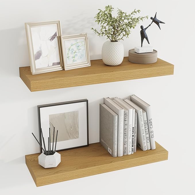 24 inch Floating Shelves Long Floating Shelves for Wall Large Wall Mounted Shelves with Invisible Brackets, Oak Shelves for Bathroom, Living Room, Kitchen, Office, 24x6.7 inch deep Set of 2