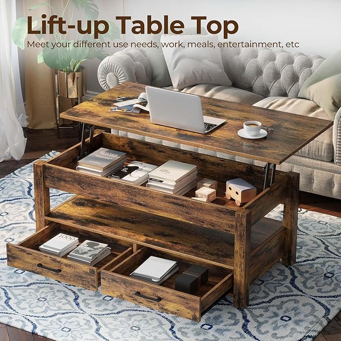 Rolanstar Coffee Table, 47.2" Lift Top Coffee Table with Drawers and Hidden Compartment, Retro Central Table with Wooden Lift Tabletop, for Living Room, Rustic Brown