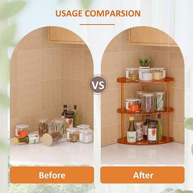 3 Tier Acrylic Corner Shelf Organizer Storage 9.5x9.5x15.7 Inch, Orange Countertop Corner Shelf for Bathroom, Kitchen, Bedroom, Office, Study Room