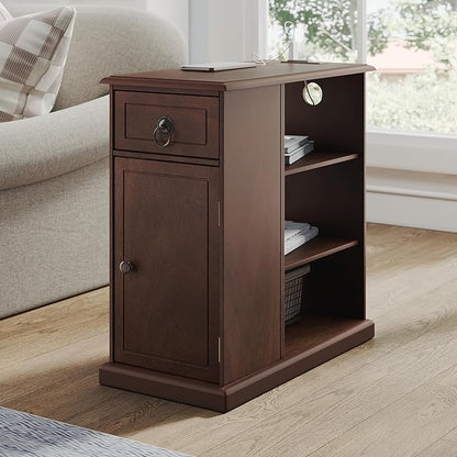 ChooChoo Farmhouse XXL End Table with Charging Station，Narrow Sofa Side Table with Adjustale Shelf, 3 Tier Rustic Night Stand for Small Place Living Room, Cherry Brown