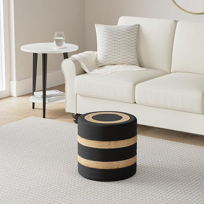 REDEARTH · Cylindrical Pouf Foot Stool Ottoman - Jute Braided Pouffe Poof Accent Sitting Footrest for The Living Room, Bedroom, Nursery, Patio, Lounge & Other Rooms (14.5”x14.5”x16”; Black Natural)