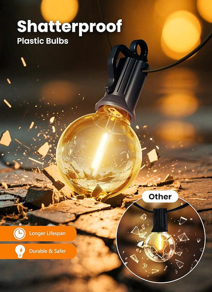 Outdoor-String-Lights-Paio-Lights, 100FT (50FT*2) 50+2 Shatterproof Bulbs Outdoor Patio Lights, IP65 Waterproof Connectable Hanging Outside Light for Backyard, Porch, Deck, Balcony, 2200K